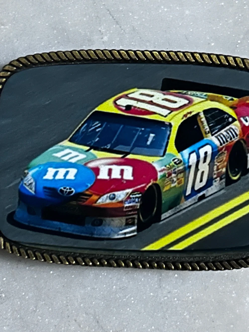 Kyle Busch's #18 M&M's NASCAR Multi-Colors ~ Gold Tone Metal Belt Buckle